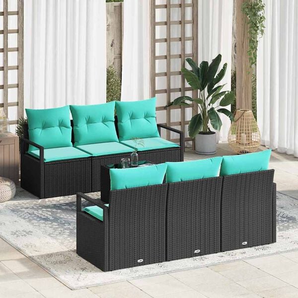 vidaXL Sofa Set mit Kissen 7 pcs Schwarz und T&uuml;rkis Poly Rattan