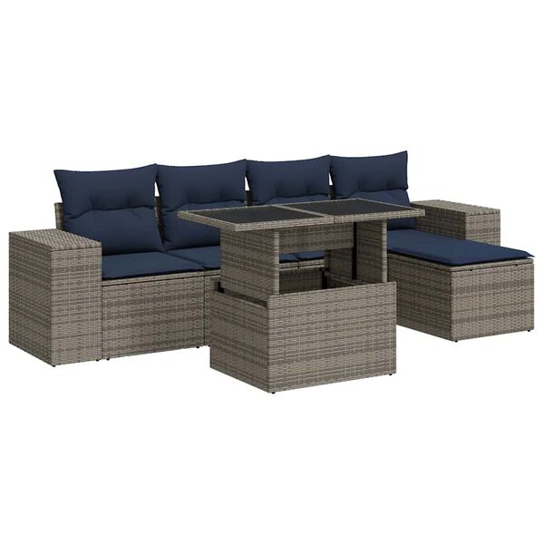 vidaXL 6-tlg. Garten-Sofagarnitur mit Kissen Grau Poly Rattan Akazie