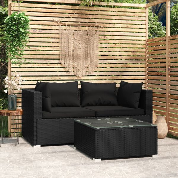 vidaXL 3-tlg. Garten-Lounge-Set mit Kissen Schwarz Poly Rattan