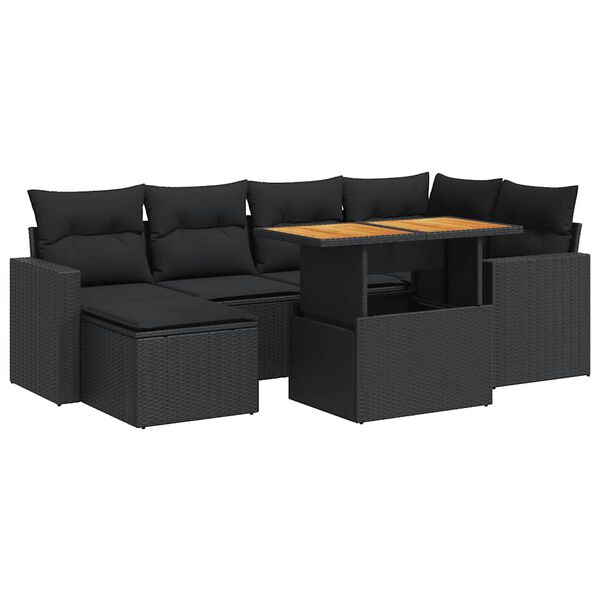 vidaXL 7-tlg. Garten-Sofagarnitur mit Kissen Schwarz Poly Rattan