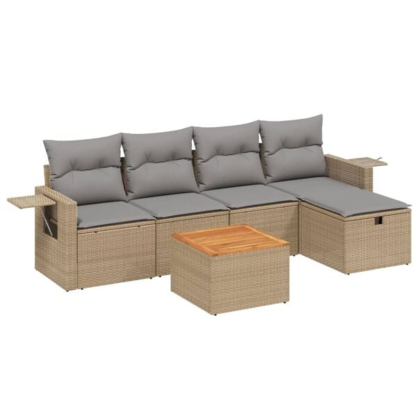 vidaXL 6-tlg. Garten-Sofagarnitur mit Kissen Beige Poly Rattan