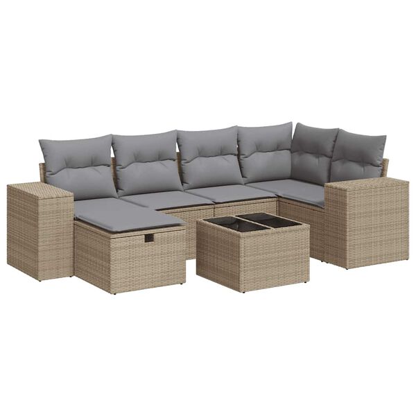 vidaXL 7-tlg. Garten-Sofagarnitur mit Kissen Beige Poly Rattan