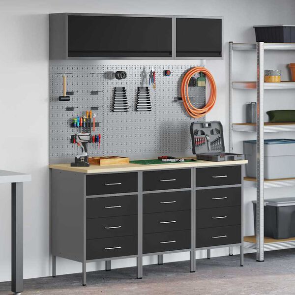 vidaXL Arbeitsschrankset mit Schubladen mit Speicher 8 pcs Schwarz