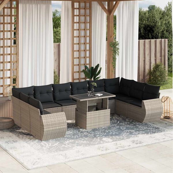 vidaXL 11-tlg. Garten-Sofagarnitur mit Kissen Hellgrau Poly Rattan