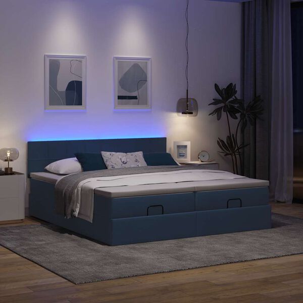 vidaXL Ottoman-Bett mit Matratzen & LEDs Blau 200x200 cm Stoff