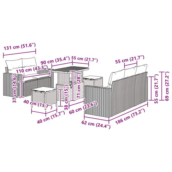 vidaXL Gartensofa-set mit Kissen 8 pcs Schwarz Poly-Rattan