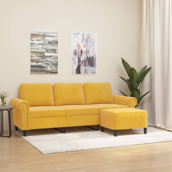 vidaXL 3-Sitzer-Sofa mit Hocker Hellgelb 180 cm Samt