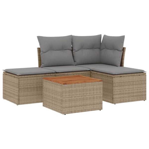 vidaXL 5-tlg. Garten-Sofagarnitur mit Kissen Beige Poly Rattan