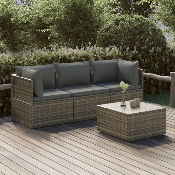 vidaXL 4-tlg. Garten-Lounge-Set mit Kissen Grau Poly Rattan