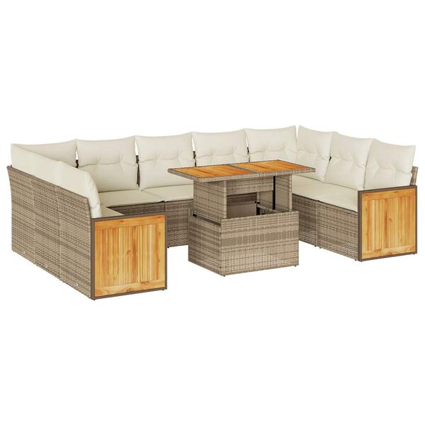 vidaXL 10-tlg. Garten-Sofagarnitur mit Kissen Beige Poly Rattan Akazie