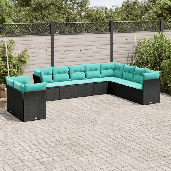 vidaXL 10-teiliges Gartensofa-Set mit Kissen, schwarzes Polyrattan