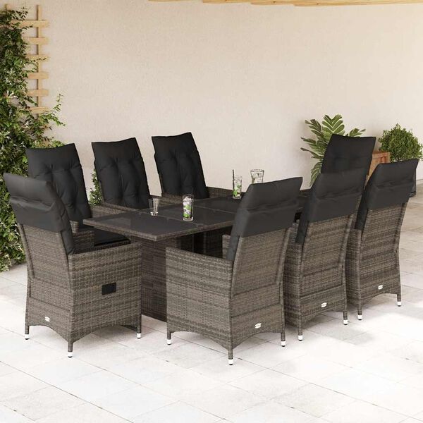 vidaXL 9-tlg. Garten-Essgruppe mit Kissen Grau Poly Rattan