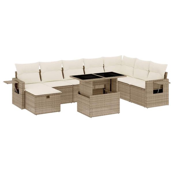 vidaXL 9-tlg. Garten-Sofagarnitur mit Kissen Beige Poly Rattan