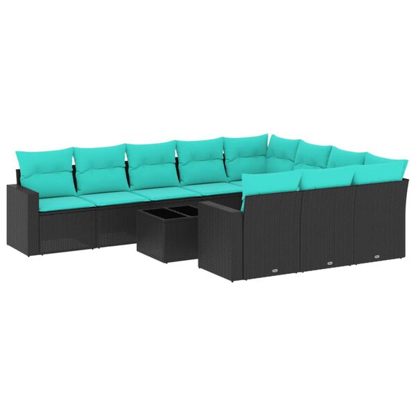 vidaXL 11-tlg. Garten-Sofagarnitur mit Kissen Schwarz Poly Rattan