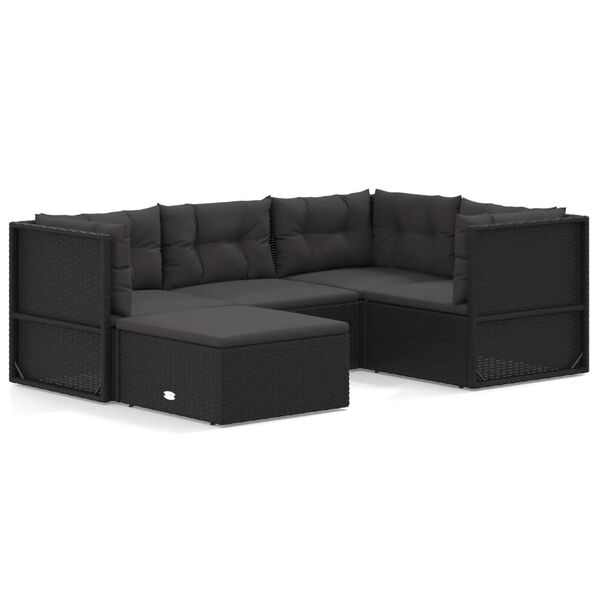 vidaXL 5-tlg. Garten-Lounge-Set mit Kissen Schwarz Poly Rattan