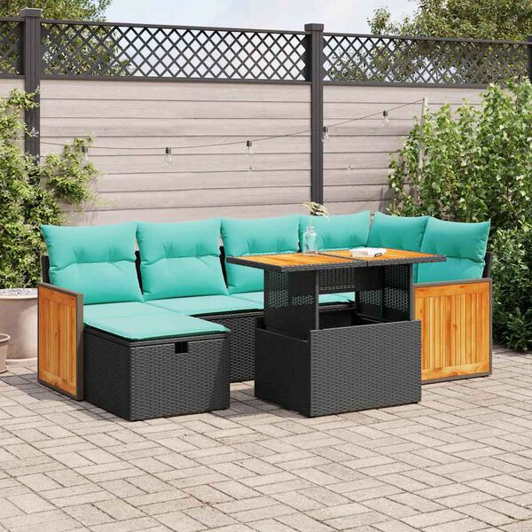 vidaXL 7-tlg. Garten-Sofagarnitur mit Kissen Braun Poly Rattan Akazie