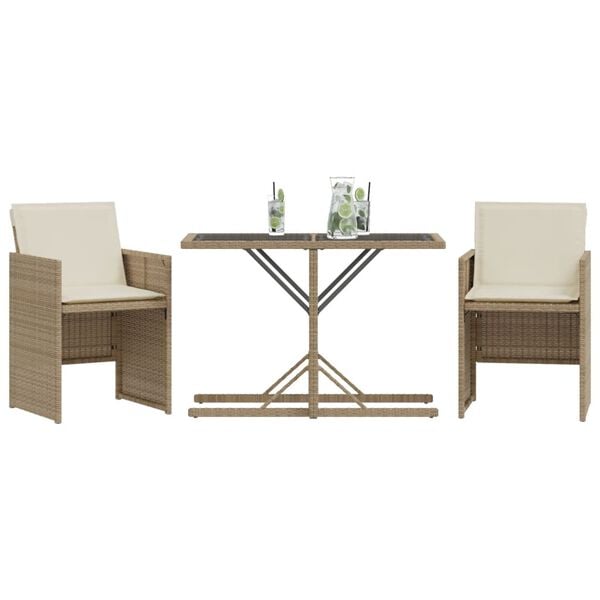 vidaXL 3-tlg. Bistro-Set mit Kissen Beige Poly Rattan