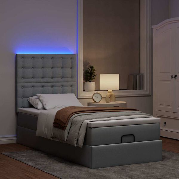 vidaXL Ottoman-Bett mit Matratze & LEDs Hellgrau 100x200 cm Stoff