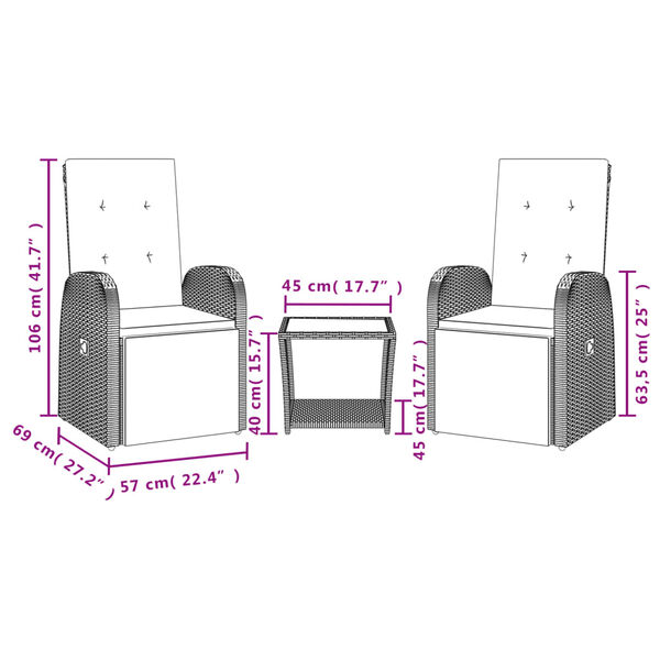 vidaXL 3-tlg. Garten-Essgruppe mit Kissen Grau Poly Rattan