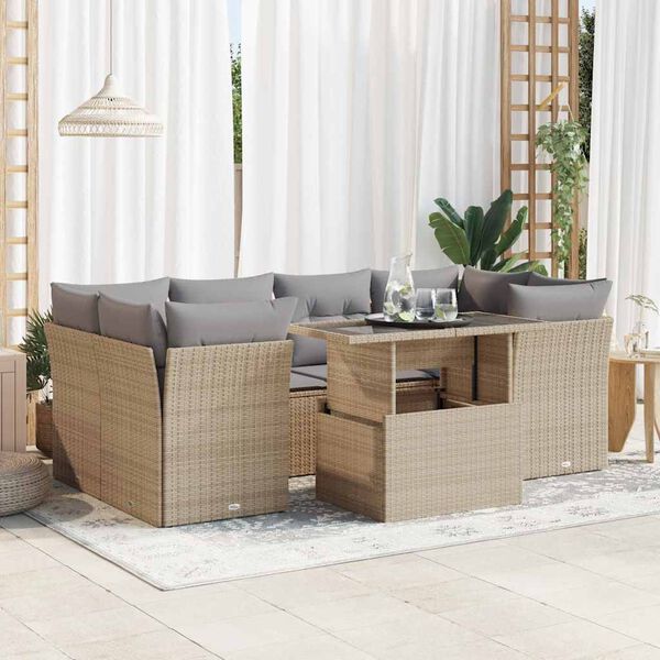 vidaXL 7-tlg. Garten-Sofagarnitur mit Kissen Beige Poly Rattan