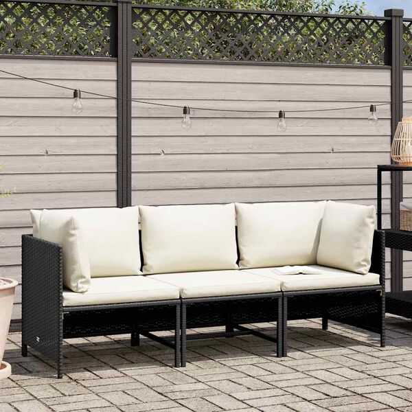 vidaXL 3-Sitzer-Gartensofa mit Auflagen Schwarz Poly Rattan