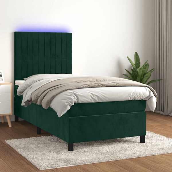 vidaXL Boxspringbett mit Matratze & LED Dunkelgr&uuml;n 100x200 cm Samt