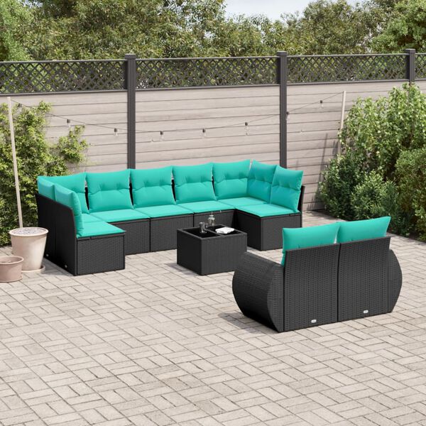 vidaXL 10-teiliges Gartensofa-Set mit Kissen, schwarzes Polyrattan