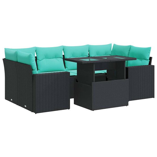 vidaXL 7-tlg. Garten-Sofagarnitur mit Kissen Schwarz Poly Rattan