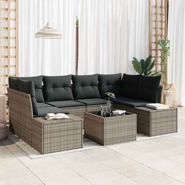 vidaXL Sofa Set mit Kissen 7 pcs Grau Poly Rattan