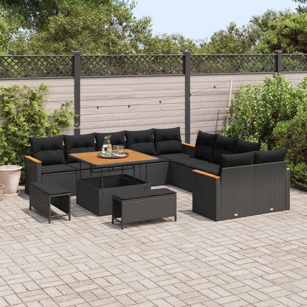 vidaXL Gartensofa-set mit Kissen 13 pcs Schwarz Poly-Rattan