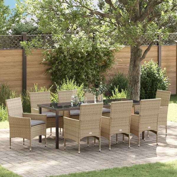 vidaXL Garten Essgruppe mit Kissen 9 pcs Beige Poly-Rattan
