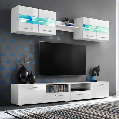 VidaXL 5-tlg. TV-Wohnwand-Set mit LED-Leuchten Hochglanz-Weiß