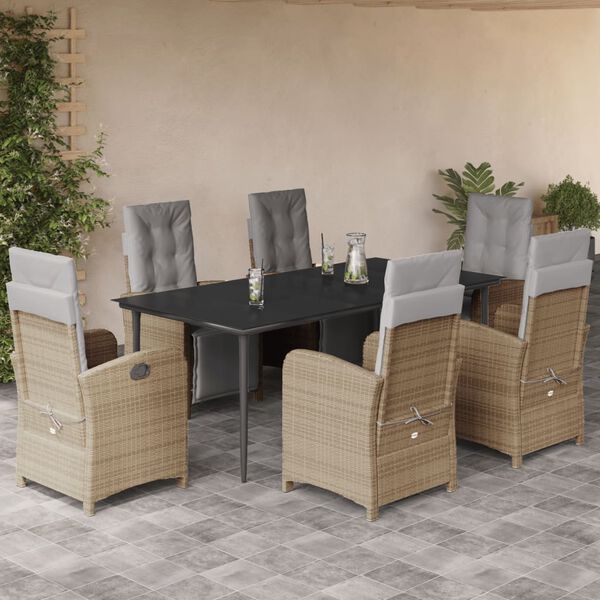 vidaXL 7-tlg. Garten-Essgruppe mit Kissen Beige Poly Rattan