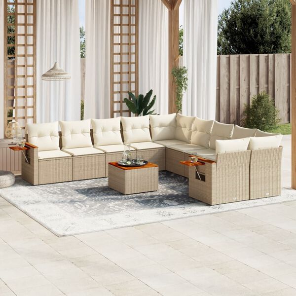 vidaXL 11-tlg. Garten-Sofagarnitur mit Kissen Beige Poly Rattan