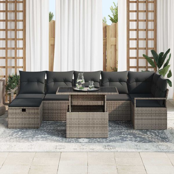 vidaXL Garten-Sofa-Set mit Kissen mit Speicher 8 pcs Grau Poly Rattan
