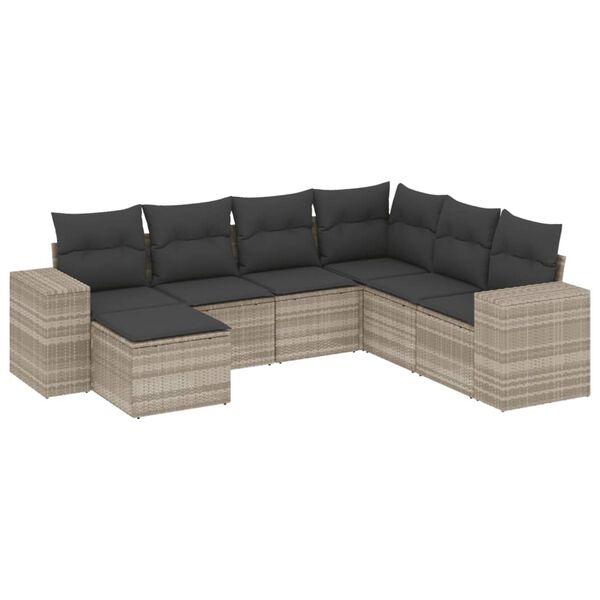 vidaXL 7-tlg. Garten-Sofagarnitur mit Kissen Hellgrau Poly Rattan