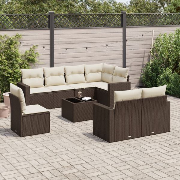 vidaXL 9-tlg. Garten-Sofagarnitur mit Kissen Braun Poly Rattan