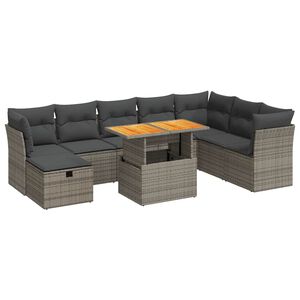 vidaXL 9-tlg. Garten-Sofagarnitur mit Kissen Grau Poly Rattan Akazie