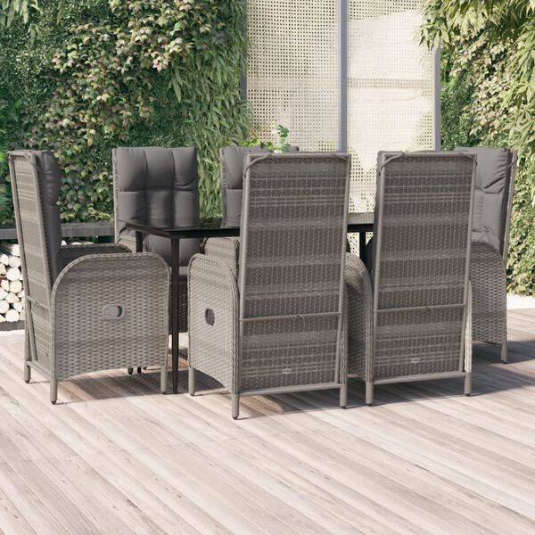 vidaXL 7-tlg. Garten-Essgruppe mit Kissen Schwarz und Grau Poly Rattan