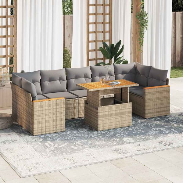 vidaXL 8-tlg. Garten-Sofagarnitur mit Kissen Beige Poly Rattan Akazie