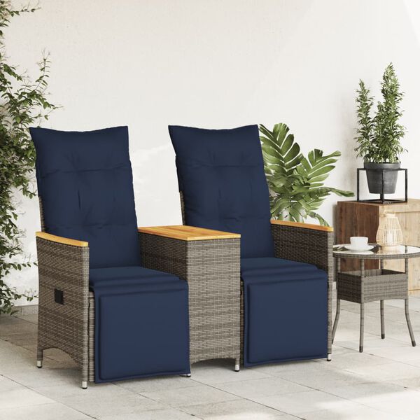 vidaXL Gartensofa Verstellbar 2-Sitzer mit Tisch Grau Poly Rattan