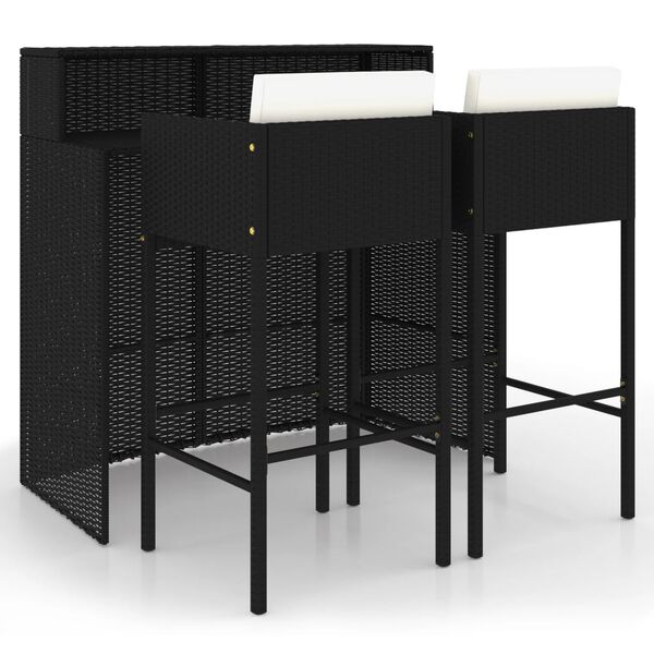 vidaXL 3-tlg. Gartenbar-Set mit Kissen Poly Rattan Schwarz