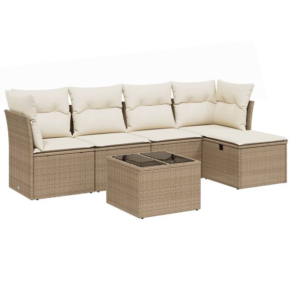 vidaXL 6-tlg. Garten-Sofagarnitur mit Kissen Beige Poly Rattan