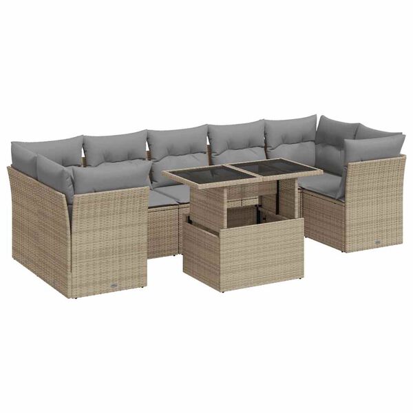 vidaXL 8-tlg. Garten-Sofagarnitur mit Kissen Beige Poly Rattan