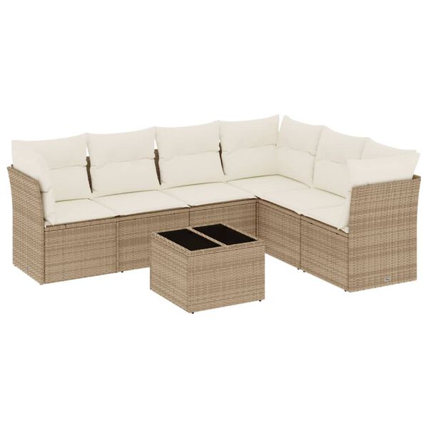 vidaXL 7-tlg. Garten-Sofagarnitur mit Kissen Beige Poly Rattan