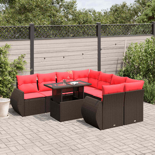 vidaXL 9-teiliges Gartensofa-Set mit Kissen, braun, Polyrattan
