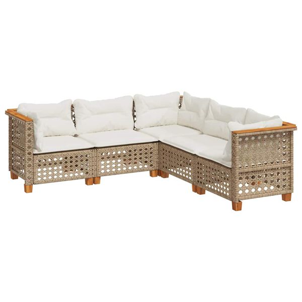 vidaXL 5-tlg. Garten-Sofagarnitur mit Kissen Beige Poly Rattan