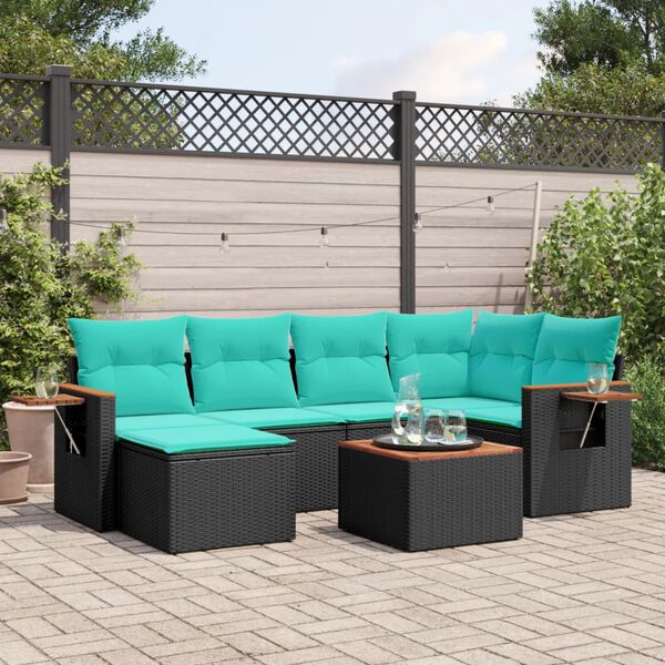 vidaXL 7-tlg. Garten-Sofagarnitur mit Kissen Schwarz Poly Rattan
