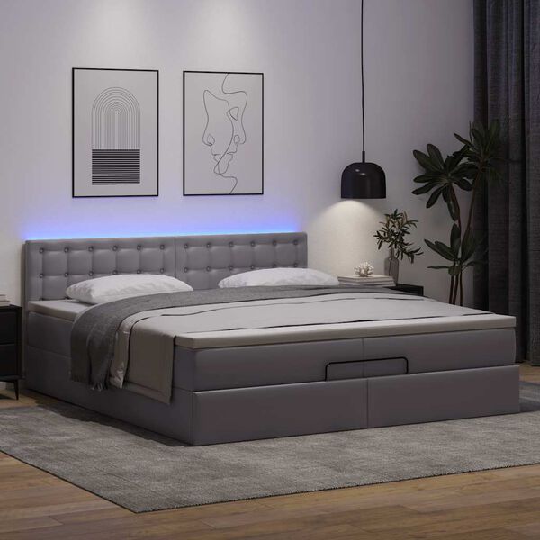 vidaXL Ottoman-Bett mit Matratzen & LEDs Grau 200x200 cm Kunstleder