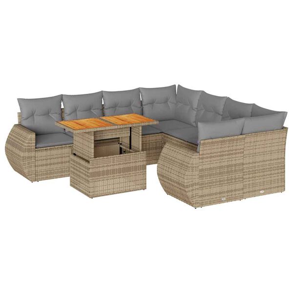 vidaXL 9-tlg. Garten-Sofagarnitur mit Kissen Beige Poly Rattan